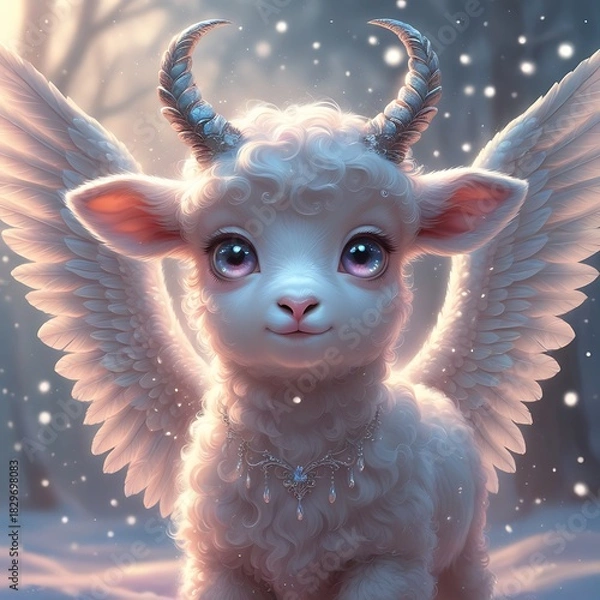 Obraz Cute surreal angel sheep with glowing wings and big glossy eyes, dreamy magical Christmas illustration.