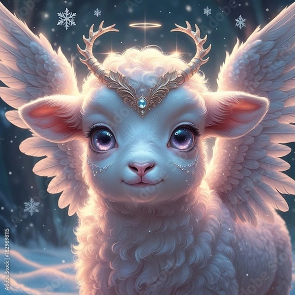 Obraz Cute surreal angel sheep with glowing wings and big glossy eyes, dreamy magical Christmas illustration.