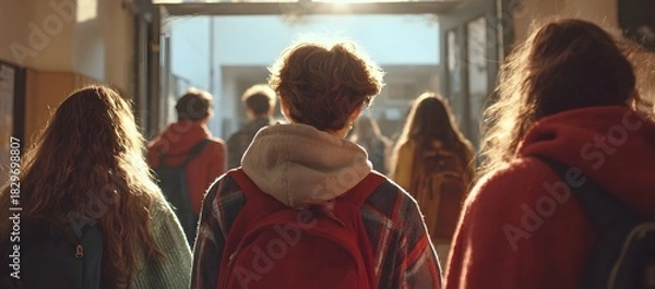 Obraz Students walk through a school hallway seen from behind Warm light highlights their backpacks and creates an atmospheric scene capturing everyday student life and the mood of a busy school morning
