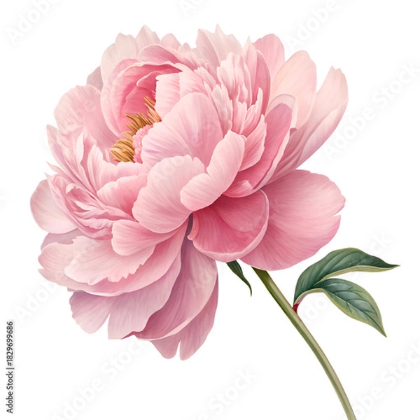 Fototapeta A close up of a light pink peony flower with a green stem and leaves on a white background
