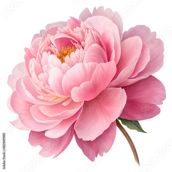 Fototapeta A digitally painted pink peony flower with delicate petals and a visible stem on white background