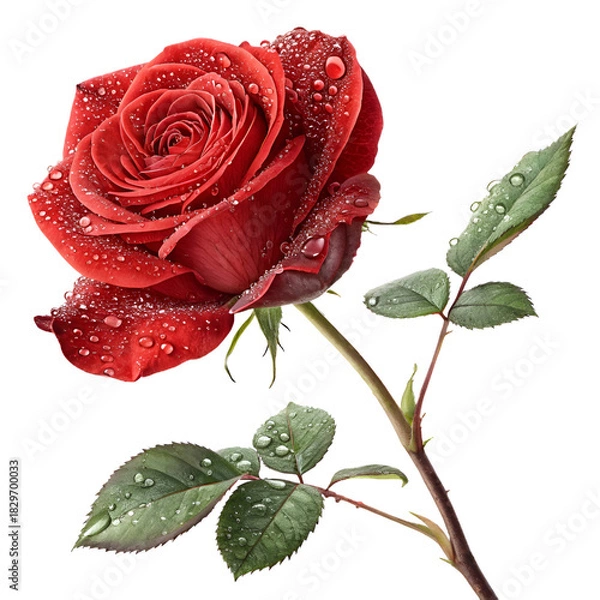 Fototapeta Close up of a red rose with water droplets on the petals and green leaves on a white background