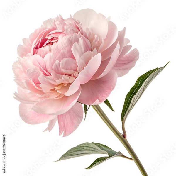 Fototapeta Isolated single light pink peony flower with green stem and leaves on a white background view