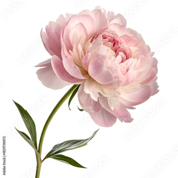 Fototapeta A single pink peony blossom with a green stem and leaves against a white background studio shot