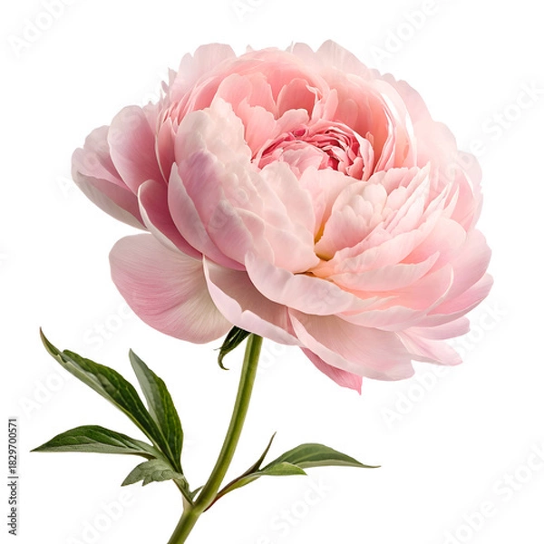 Fototapeta A close up shot of a light pink peony flower with green leaves against a white background space