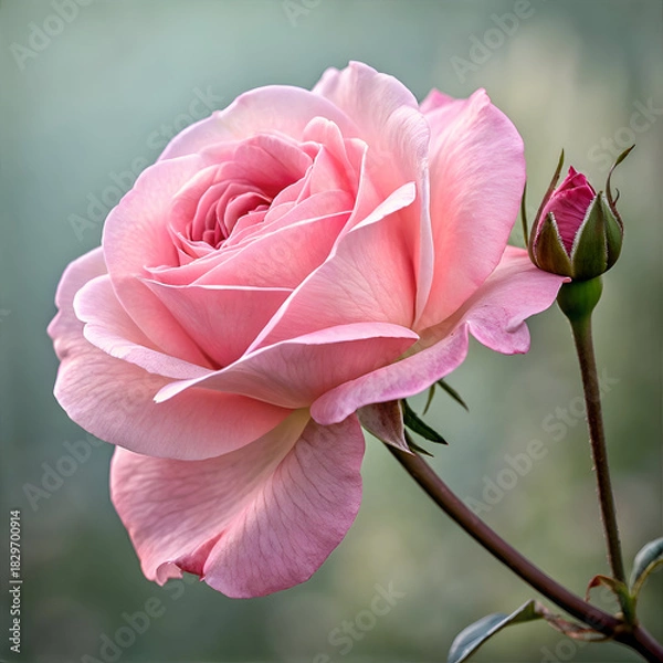 Fototapeta A close up of a pink rose in full bloom next to a rose bud against a blurred background outdoors