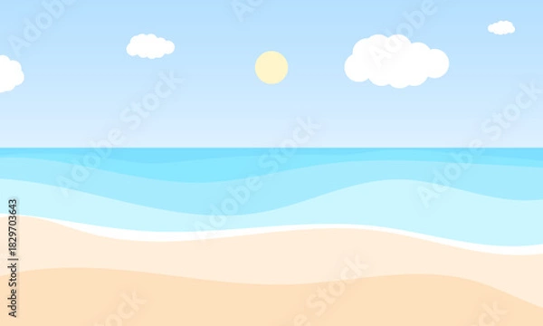 Fototapeta bright flat beach illustration showing calm waves sunny sky and relaxed summer atmosphere.
