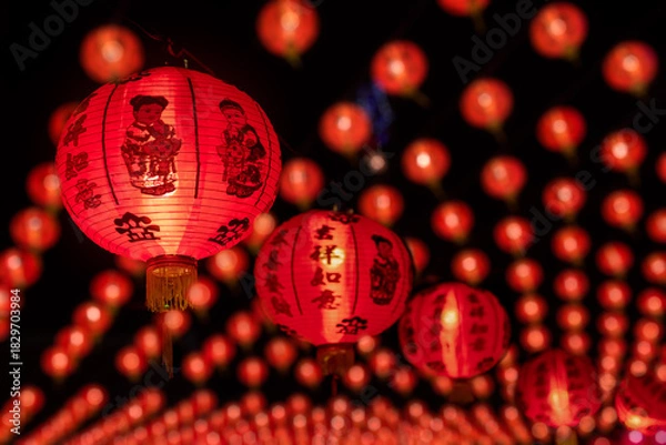Fototapeta Group of red paper Chinese lanterns with blessing word mean happy, healthy and wealth. Background for Chinese New Year greeting theme. Selective focus.