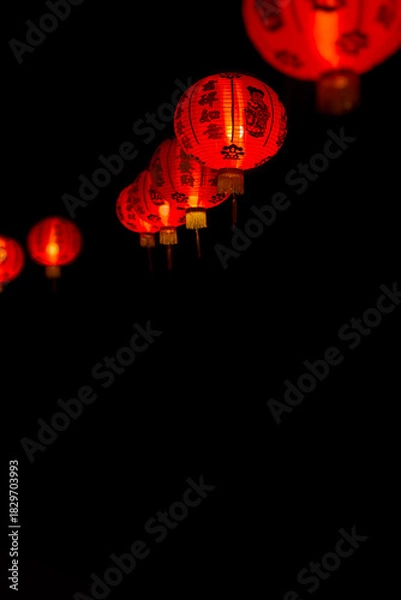 Fototapeta Group of red paper Chinese lanterns with blessing word mean happy, healthy and wealth. Background for Chinese New Year greeting theme. Vertical image and Selective focus.