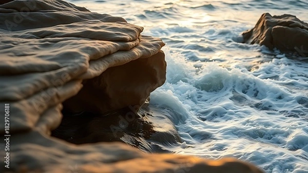 Fototapeta hollows. Ocean waves eroding coastal rock formation with smooth hollows at golden hour. ESG reports, sustainability campaigns, designed for sustainability communications and ESG reporting.