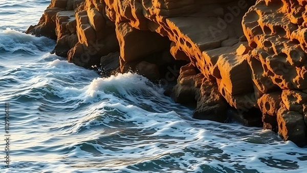 Fototapeta hollows. Ocean waves eroding coastal rock formation with smooth hollows at golden hour. ESG reports, sustainability campaigns, designed for sustainability communications and ESG reporting.