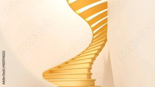 Fototapeta widening. A golden spiral staircase ascending upwards, steps gradually widening in soft morning light. real-estate listings.