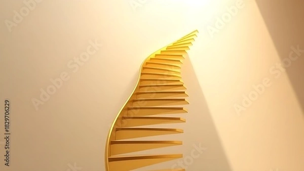 Fototapeta widening. A golden spiral staircase ascending upwards, steps gradually widening in soft morning light. real-estate listings.