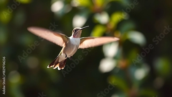 Fototapeta hummingbird. Hummingbird hovering mid-air with motion-blurred wings against foliage. wildlife magazines, conservation campaigns, designed for nature documentaries and education.