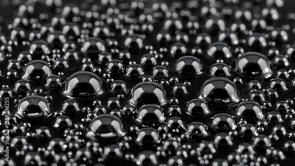 Fototapeta globules. Liquid mercury droplets rolling on a black surface, forming shimmering spheres. STEM education sheets, lab safety posters, designed for STEM education and laboratory safety posters.