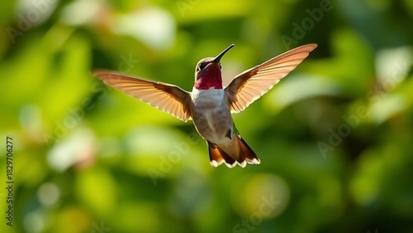 Fototapeta hummingbird. Hummingbird hovering mid-air with motion-blurred wings against foliage. wildlife magazines, conservation campaigns, designed for nature documentaries and education.