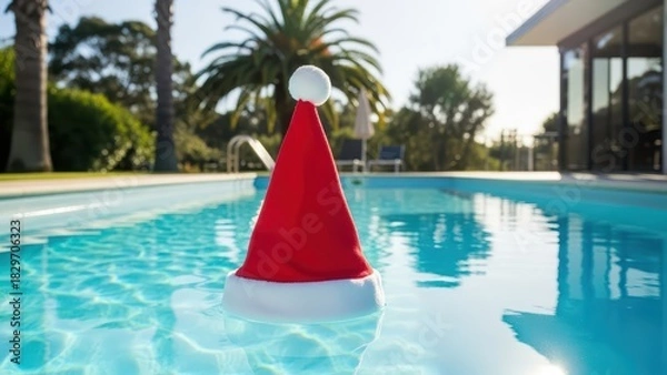 Obraz Christmas hat floating in a swimming pool