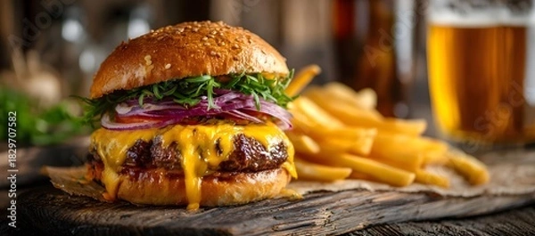 Obraz A juicy cheeseburger with melted cheddar, fresh lettuce, tomato, and red onion in a sesame bun. Crispy fries in the background create a rich, appetizing and rustic food 