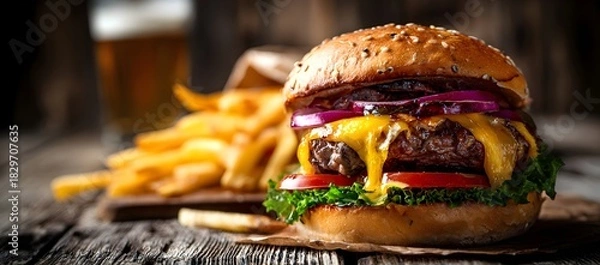 Fototapeta A juicy cheeseburger with melted cheddar, fresh lettuce, tomato, and red onion in a sesame bun. Crispy fries in the background create a rich, appetizing and rustic food 