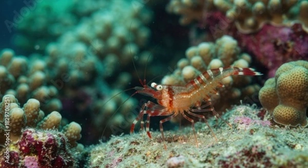 Fototapeta A small shrimp, reddish-tan with white stripes, sits amidst a coral reef. Coral formations, various colors, are in the background and foreground