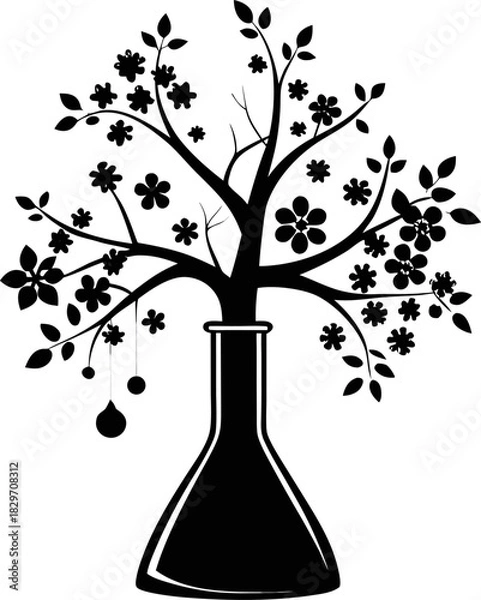 Obraz Laboratory flask transforming into a blooming tree black Silhouette , white background