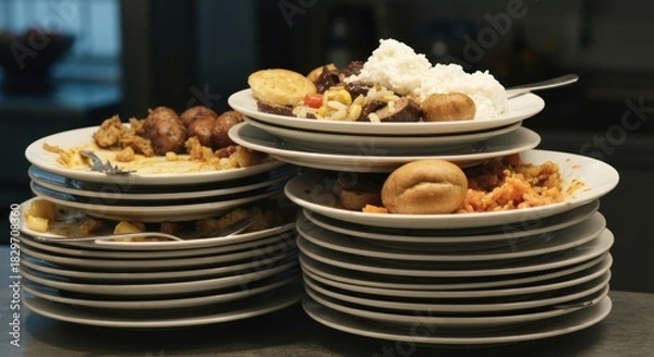 Fototapeta A stack of dirty dishes overflowing with uneaten food