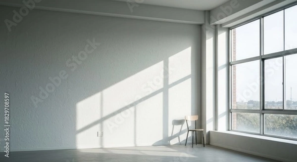 Fototapeta A sunlit, empty room with a single chair and large window