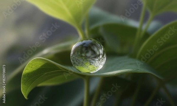Fototapeta A translucent sphere rests delicately on a leaf, reflecting the surrounding greenery. Sunlight illuminates the scene, creating a soft focus effect