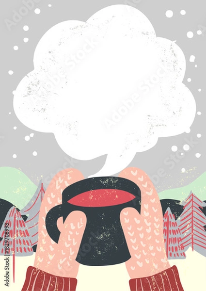 Obraz 冬のカフェ　コーヒー（ラテ）を持つ手