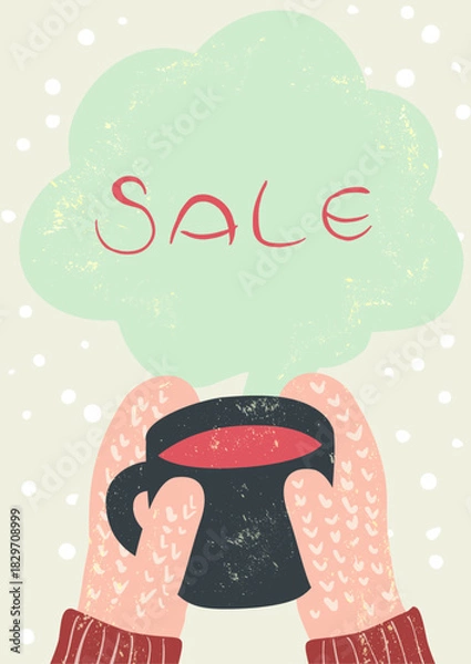 Obraz 冬のカフェ　コーヒー（ラテ）を持つ手