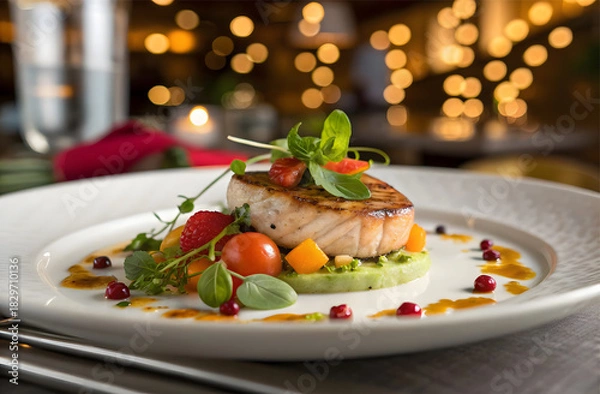 Fototapeta Exquisite Culinary Presentation: A beautifully plated dish, showcasing a succulent piece of grilled salmon atop a bed of vibrant vegetables, garnished with fresh herbs and colorful accents.