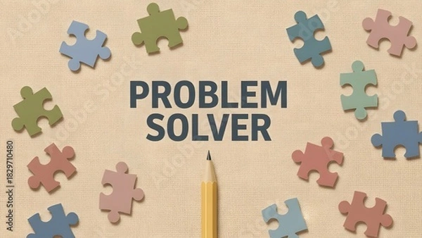 Fototapeta Boost innovation with a problem solver concept featuring colorful jigsaw pieces and a pencil, perfect for brainstorming sessions and creative strategy visuals