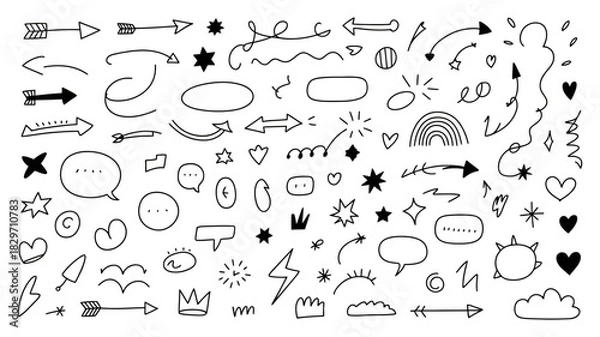 Fototapeta Hand drawn doodle element collection with various arrows, speech bubbles, stars, hearts, squiggles, and decorative shapes for creative design.