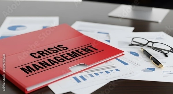 Fototapeta Address potential crisis with data-driven strategies in red folder, glasses, and pen on desk, essential for risk assessment and proactive planning today
