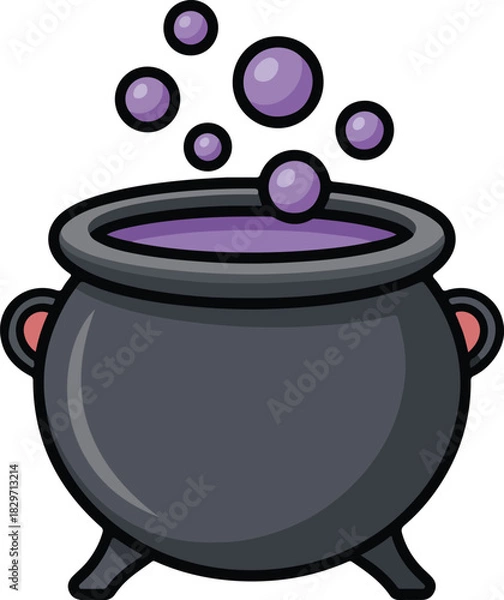 Fototapeta Dark grey vector cauldron bubbling with vibrant purple liquid and magical smoke for potion brewing