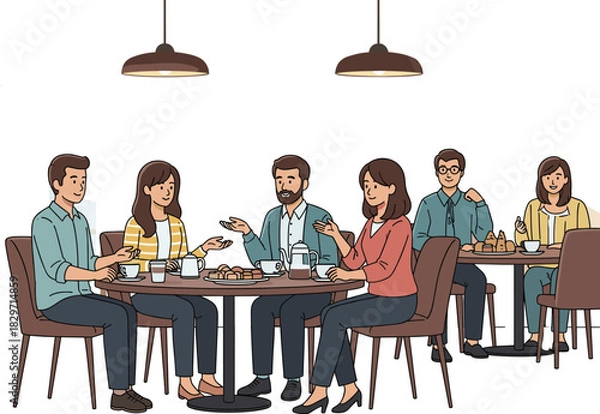 Fototapeta Group of Friends or Business Colleagues Vector Illustration Meeting and Discussing Over Coffee, Tea, and Pastries at a Table in a Cozy Cafe.