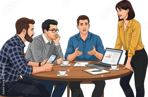 Fototapeta Business Team Meeting Vector Illustration Featuring Diverse Colleagues Discussing Strategy, Analyzing Data on Laptop, and Working Together Over Coffee.