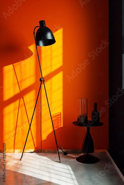 Obraz Modern black tripod floor lamp casting dramatic shadows against a vibrant, warm orange wall in a minimalist interior space