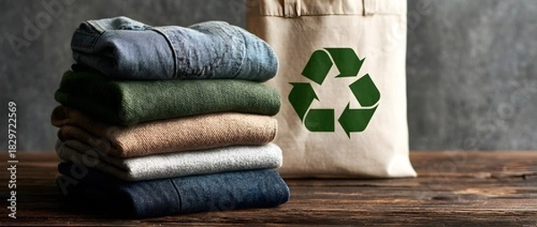 Fototapeta Folded clothes stacked next to a reusable bag with a recycling symbol, representing sustainable fashion, eco-friendly lifestyle, clothing reuse, textile recycling, and conscious consumer choices.