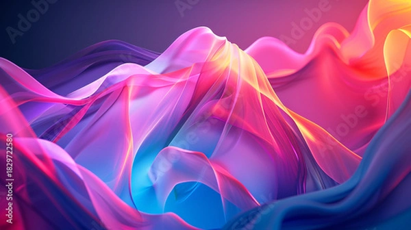 Fototapeta Vibrant abstract digital art featuring flowing, luminous waves of pink, purple, and blue fabric creating a dynamic, ethereal mountainlike landscape