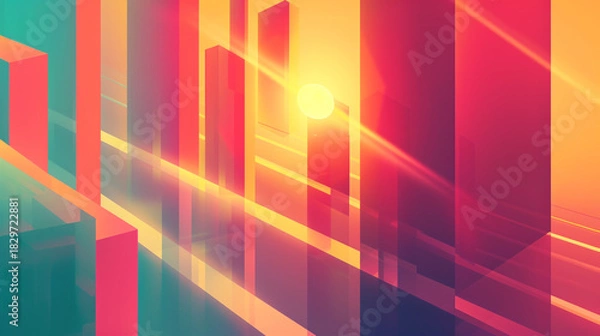 Fototapeta Abstract digital art featuring vibrant vertical and horizontal geometric shapes bathed in warm, glowing sunlight creating a modern, futuristic city aesthetic