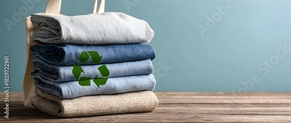Obraz Folded clothes stacked next to a reusable bag with a recycling symbol, representing sustainable fashion, eco-friendly lifestyle, clothing reuse, textile recycling, and conscious consumer choices.