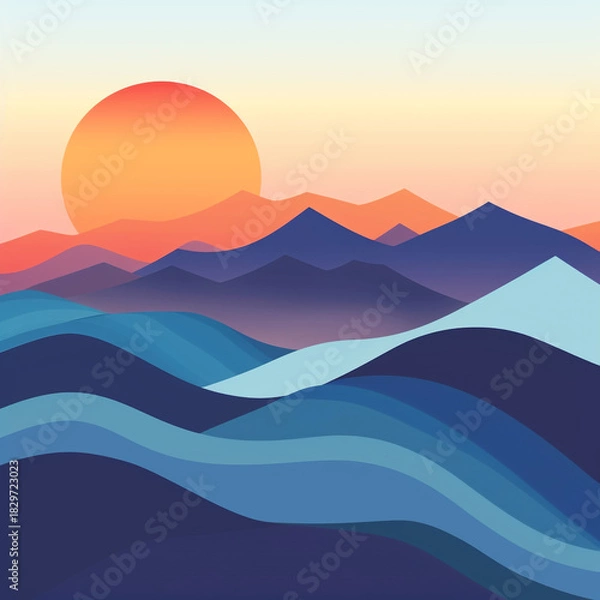 Fototapeta Minimalist digital illustration depicting a vibrant sunset over layered blue mountain ranges and undulating wavelike foreground shapes in cool tones