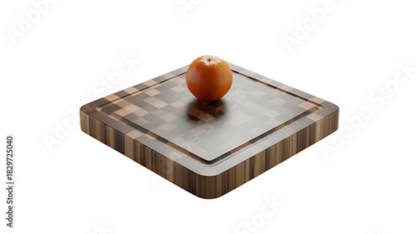 Fototapeta A Tomato Resting on Chopping Board: A ripe, single tomato rests atop a wooden chopping board, an inviting culinary still life.