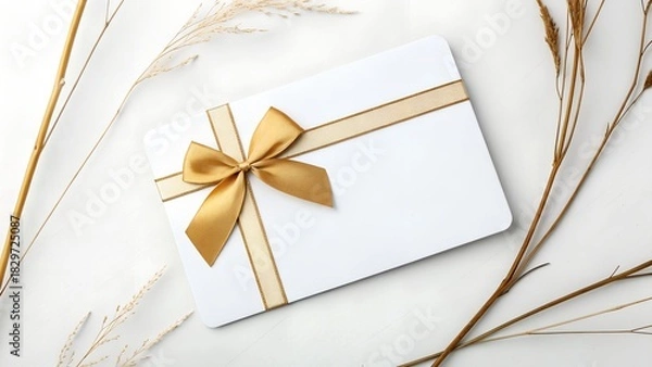 Fototapeta Modern Flat-Lay Mockup of Blank Gift Card with Gold Decorative Trim and Shiny Satin Bow on Clean White Background for Stylish Packaging Presentations
