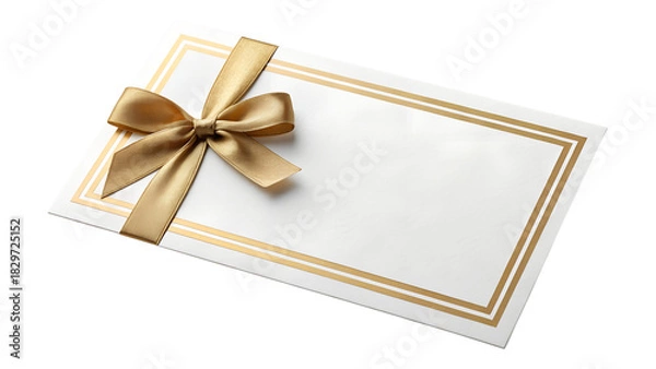 Fototapeta Luxurious White Gift Card with Elegant Gold Foil Borders and Satin Ribbon Bow in Minimal Studio Lighting for Premium Branding and Packaging Designs