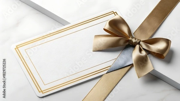 Fototapeta Elegant White Wedding Invitation Card Decorated with Gold Border Lines and a Soft Satin Ribbon Bow in Romantic Light for Luxury Event Stationery Designs