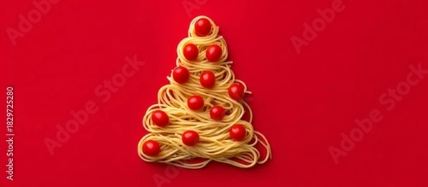 Obraz Spaghetti pasta creating christmas tree shape with cherry tomatoes, copy space
