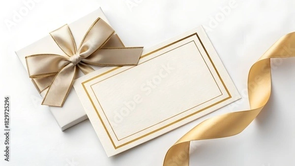 Fototapeta Top-View Flat Lay of White Card with Metallic Gold Trim and Realistic Satin Gift Bow on Clean White Background for Modern Elegant Branding Presentations