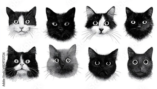 Fototapeta Adorable Black And White Cat Heads And Faces With A Charming Hand-Drawn Style For A Whimsical Appeal. Capture The Cuteness!
